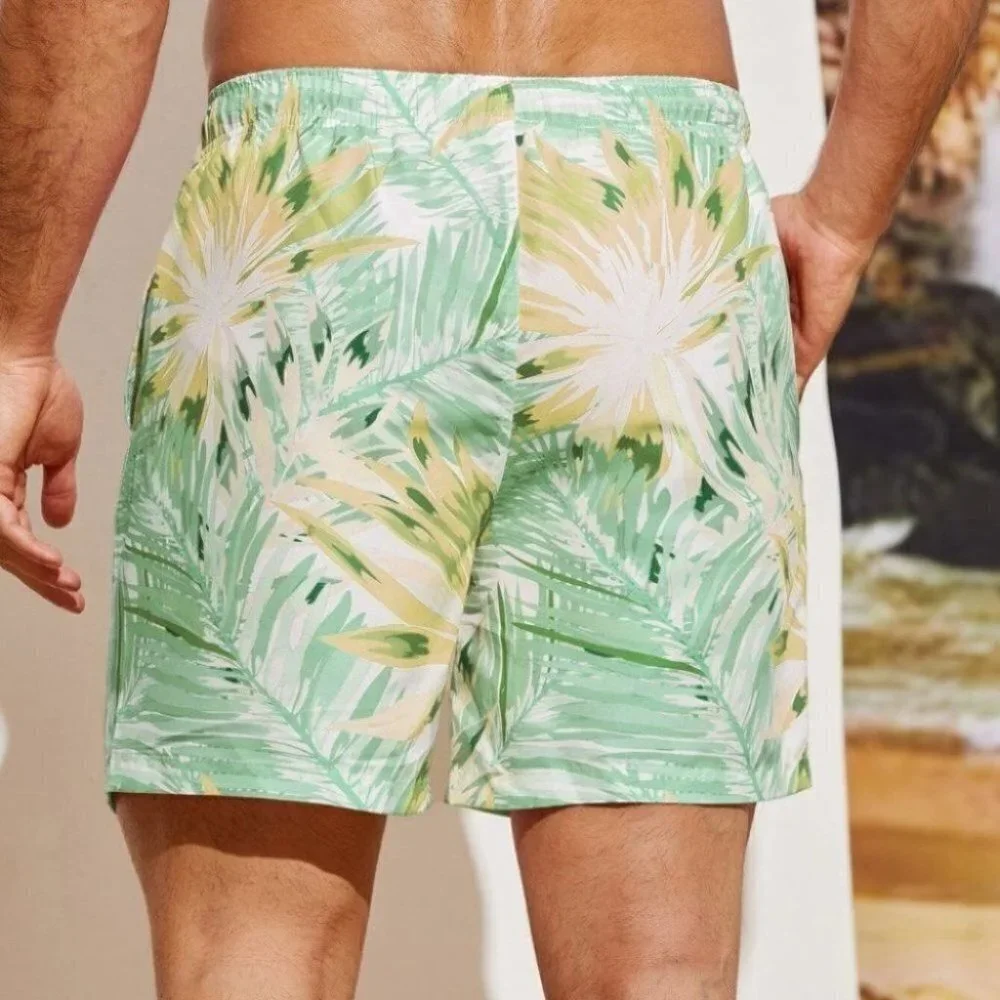 Green Vacation Style Men Tropical Print Swim Trunks